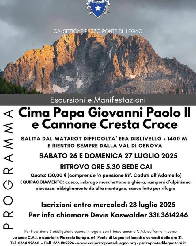 Ultimi posti disponibili….. Bellissima uscita nella val di Genova, Rifugio Caduti in Adamello, Cima Papa Giovanni, Cresta croce con il famosissimo ippopotamo G49.
Per tutte le info chiamate o visitate il nostro sito all’indirizzo www.caipezzopontedilegno.it