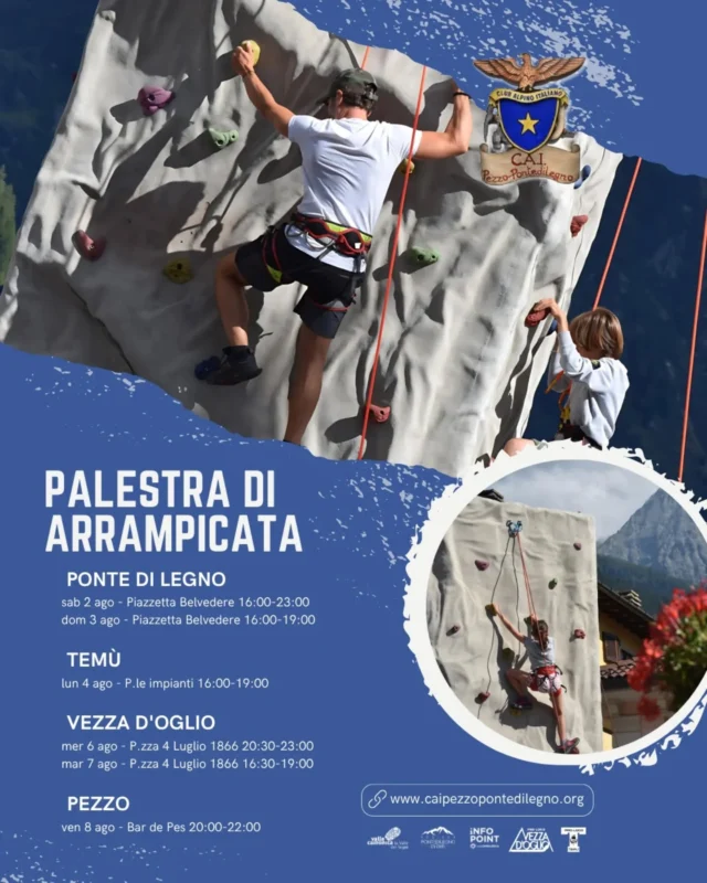 📢 Torna la palestra mobile di arrampicata!
📅 Quest'anno il calendario è ancora più fitto...
🧗♀️Vi aspettiamo a Ponte di Legno 2 e 3 agosto,
Temù 4 agosto,
Vezza d'Oglio 6 e 7 agosto,
Pezzo 8 agosto
Per dei pomeriggi all'insegna dello sport in sicurezza e tanto divertimento 🌲
#cai #caipezzopontedilegno #clubalpinoitaliano #arrampicata #palestra #arrampicataindoor #pontetonale #pontedilegno #adamello