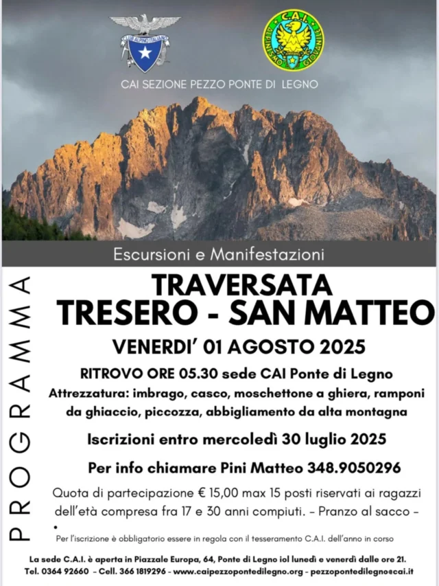📢 Ragazzi dai 17 ai 30 anni... Vi aspettiamo per una fantastica traversata dal Tresero al San Matteo 🥾
📅 1 agosto, ritrovo in sede alle 5.30
📞 Per info e iscrizioni Matteo 3489050296 o in sede il venerdì e il lunedi sera dalle 21
#cai #caipezzopontedilegno #clubalpinoitaliano #caigiovani