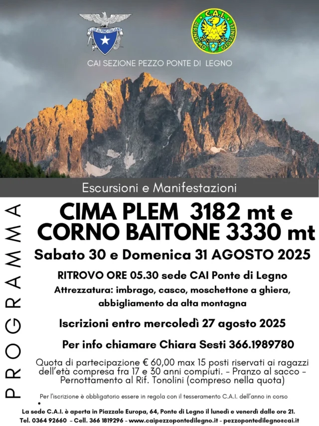 📢 A fine agosto, un'altra bella avventura per i giovani di età compresa tra i 17 e i 30 anni!
Due giorni nella conca del Baitone, con pernottamento al @rifugiotonolini , alla concquista di due cime affascinanti: Cima Plem e Cima Baitone 🏔
Vi aspettiamo 🚀
#cai #caipezzopontedilegno #clubalpinoitaliano #trekkinglovers #trekking #outdoor