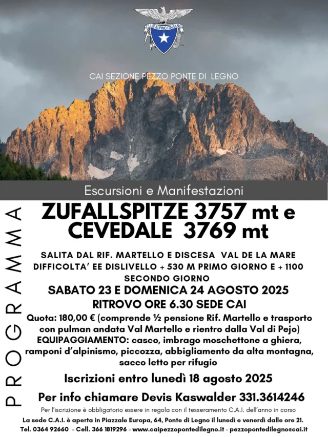 Ultimi posti per un'alpinistica affascinante: ZUFALLSPITZE E CEVEDALE! 🏔
Vi aspettiamo il 23 e 24 agosto, con pernottamento al Rifugio Martello 🍝
#cai #caipezzopontedilegno #clubalpinoitaliano #alpinismo #alpin